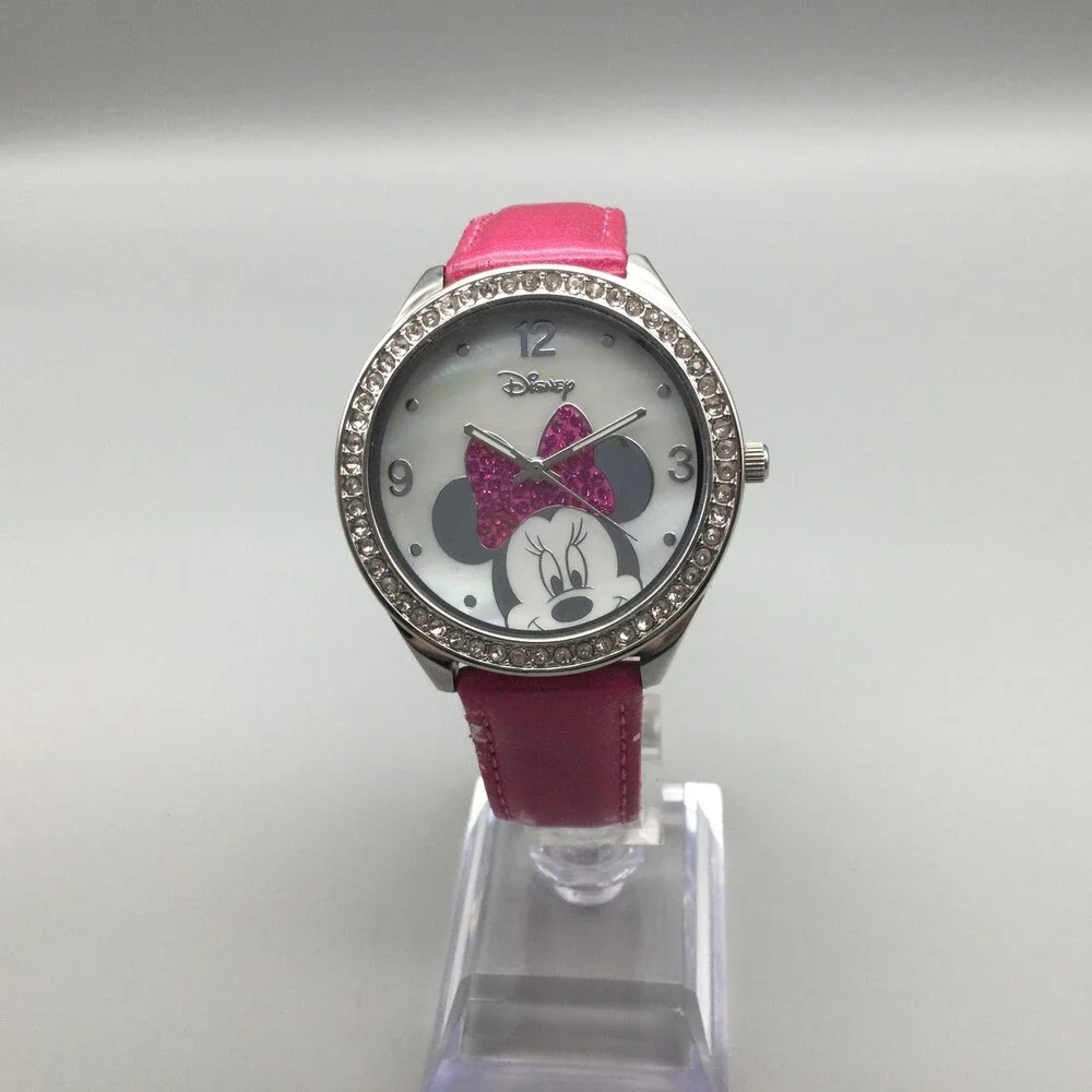 Disney Minnie Mouse Womens Watch 40mm MOP Dial Pink Leather MN1044 New Battery